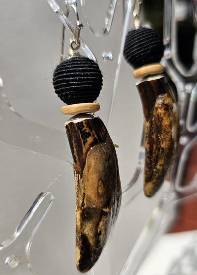 "Roc-N-Lobes Earrings" (Dark Earth tone Handpainted Buffalo Teeth) by Michele L. Scott