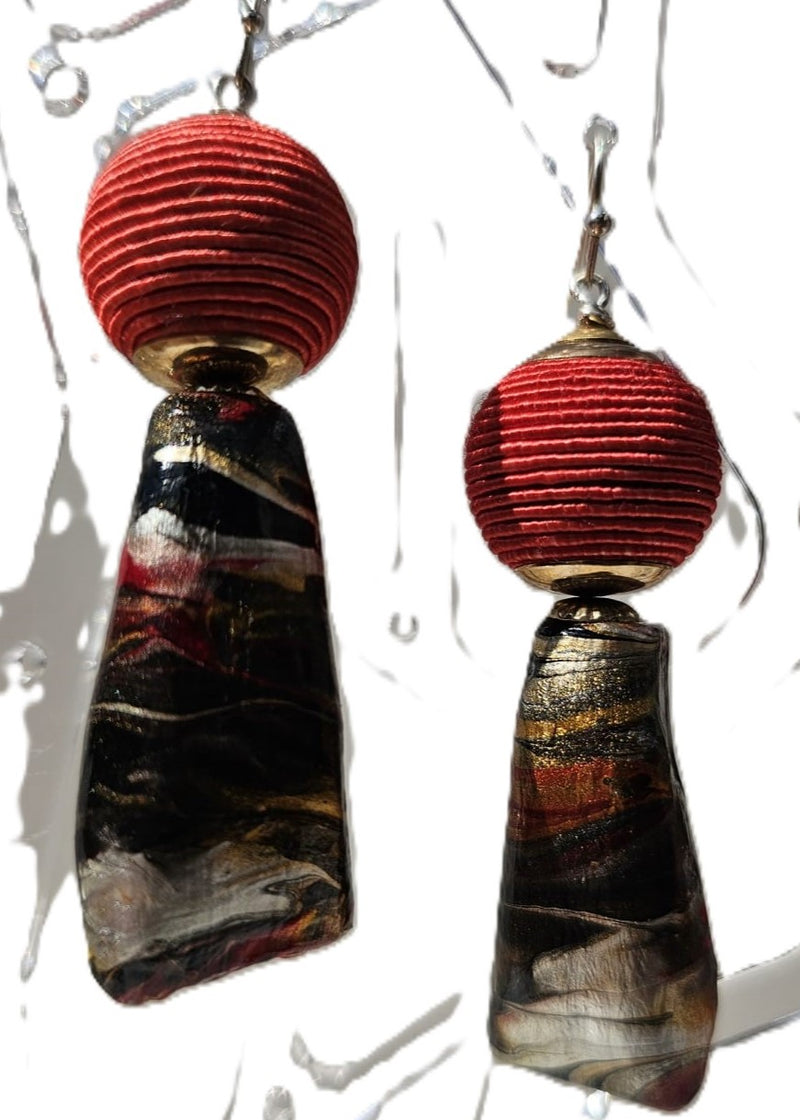 "Roc-N-Lobes Earrings" (Coral Multicolor Hand painted Buffalo Teeth) by Michele L. Scott