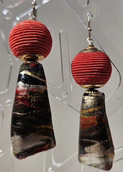 "Roc-N-Lobes Earrings" (Coral Multicolor Hand painted Buffalo Teeth) by Michele L. Scott