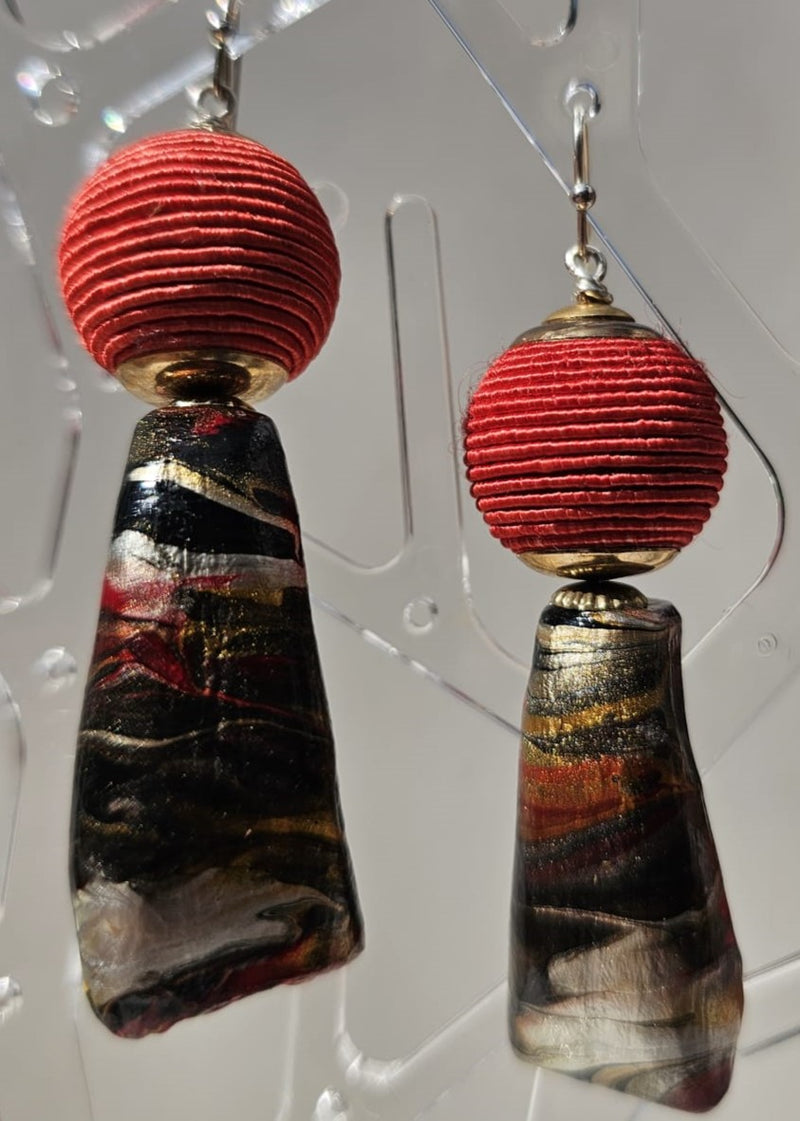 "Roc-N-Lobes Earrings" (Coral Multicolor Hand painted Buffalo Teeth) by Michele L. Scott