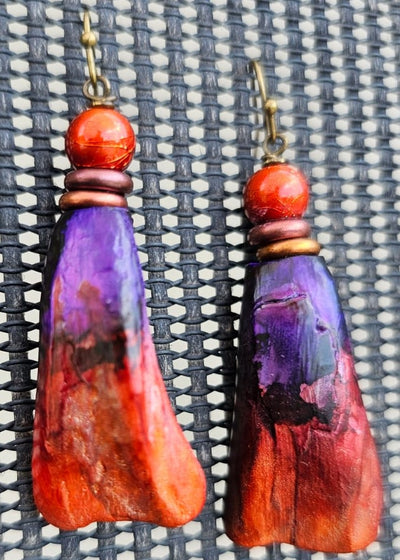 "Roc-N-Lobes Earrings" (Red/Purple Handpainted Buffalo Teeth) by Michele L. Scott