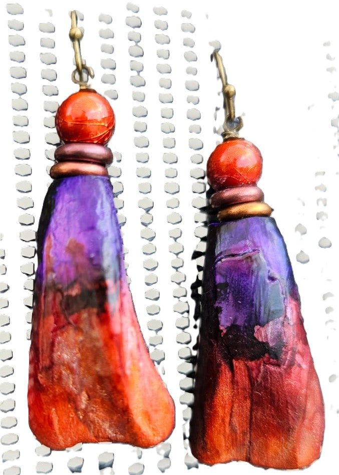 "Roc-N-Lobes Earrings" (Red/Purple Handpainted Buffalo Teeth) by Michele L. Scott