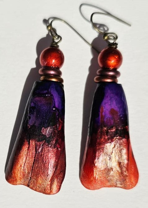 "Roc-N-Lobes Earrings" (Red/Purple Handpainted Buffalo Teeth) by Michele L. Scott