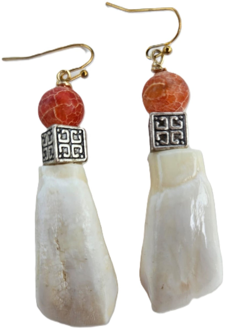 "Roc-N-Lobes Earrings" (White Buffalo Teeth & Agate) by Michele L. Scott